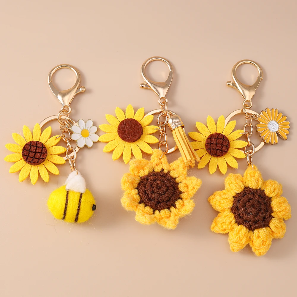 Aihua-Llavero de girasol tejido hecho a mano para mujer y niña, bonito llavero de flor de abeja de ganchillo, colgantes para bolso, regalos de joyería