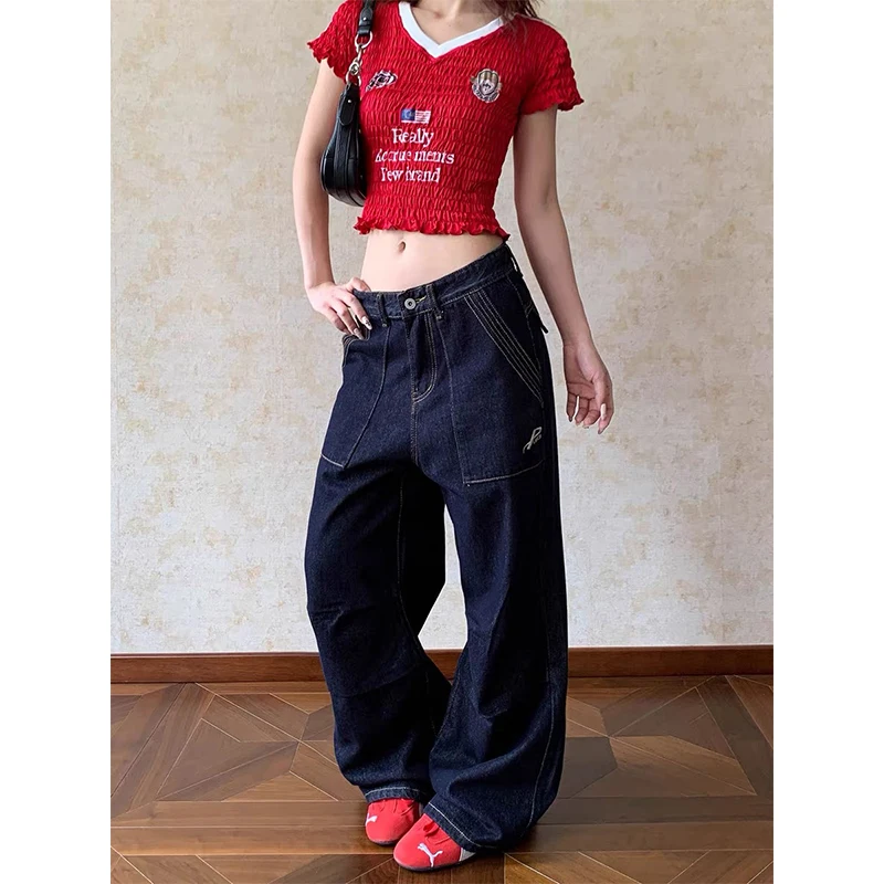

Women Vintage Gothic Y2k Boyfriend Jeans 2025 Autumn Streetwear 2000s Wide Leg Denim Pants Harajuku Grunge Baggy Trousers