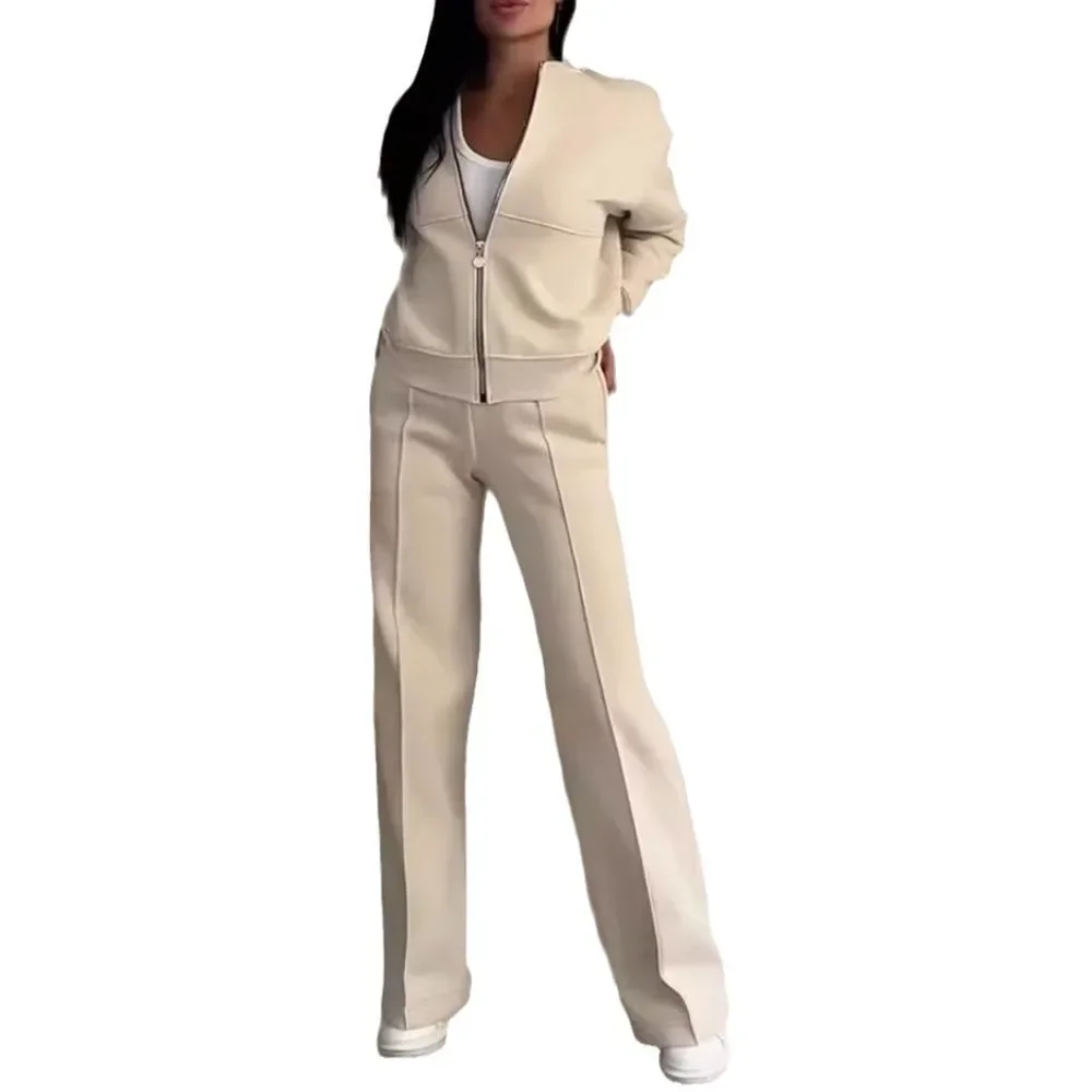 Otoño Invierno mujer chándal suelto cremallera sudadera abrigo y pantalón recto traje deportivo Color sólido Casual conjuntos cómodos