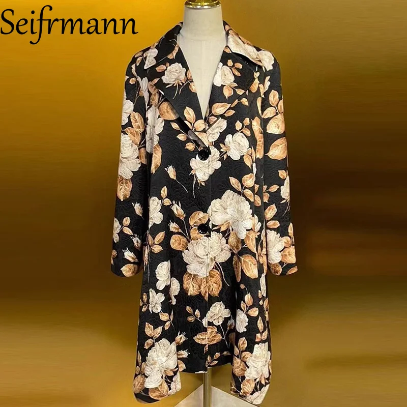 Seifrmann Autumn Winter Women's Coat Notched Single Breasted Long Sleeved Vintage Print Fashion Overcoat