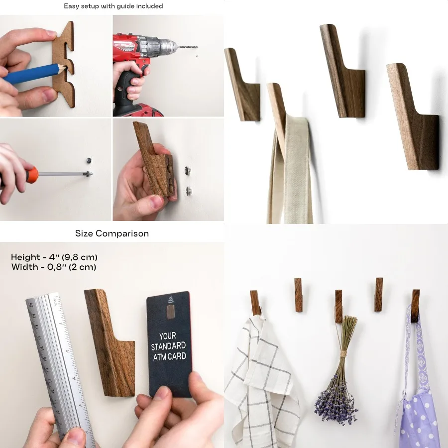 

Set of 4 Wall Hooks in Dark Walnut or Light Ash Wood for Practical Entryway Storage: Ideal for Hanging Hats Purse Backpack and