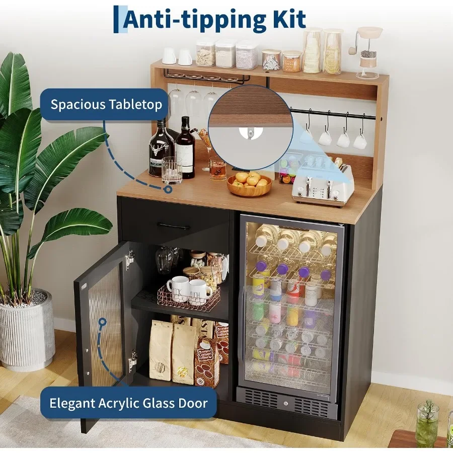 Wine bar cabinet with fridge space and top display hutch for home entertainment, black metal and wood, sleek modern design with view 6