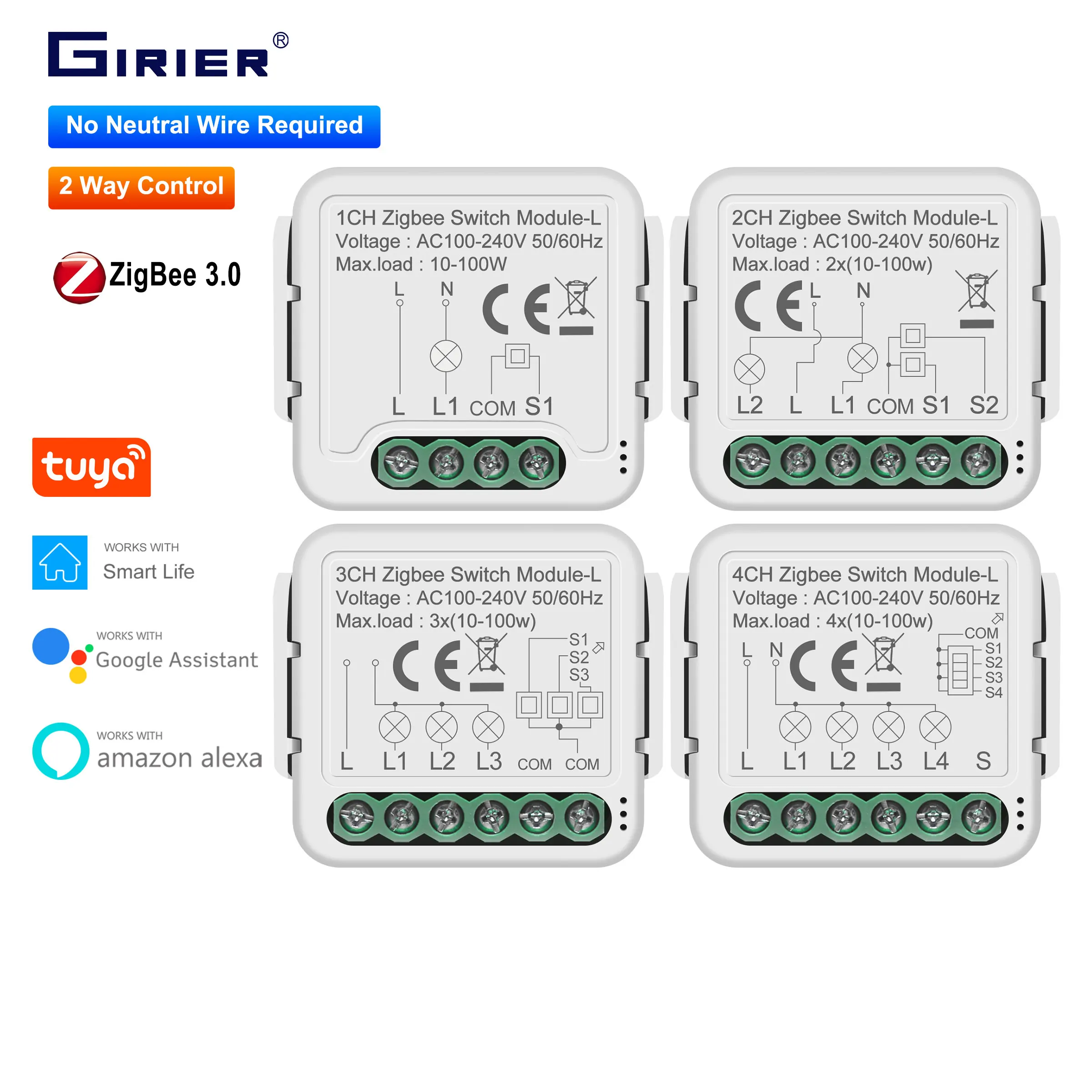 GIRIER Tuya ZigBee 3.0 Smart Switch Module No Neutral Wire Required Smart Home DIY Light Breaker Works with Alexa Google Home