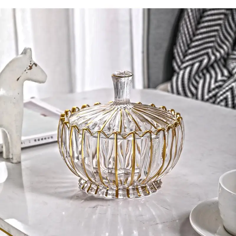 

Nordic Light Luxury Style Crystal Glass Sugar Jar Living Room Several Cabinets Decorated with Gold Candy Box Lid