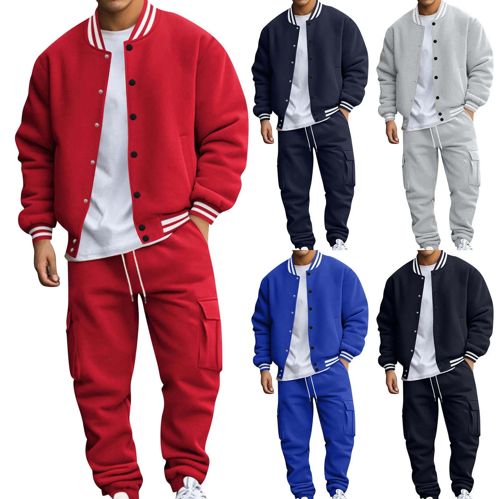 Completo da baseball da uomo casual con colletto rialzato Set da uomo autunno e inverno caldo stampa felpa con cappuccio spessa peluche allentata + pantaloni della tuta