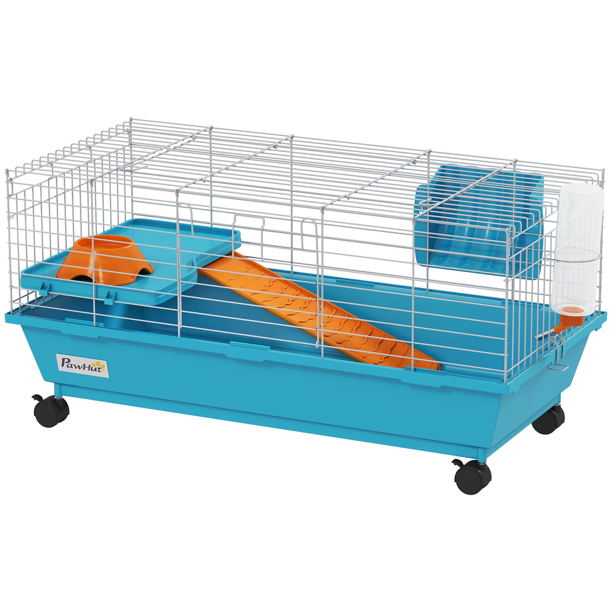 PawHut Jaula para Animales Pequeños con Ruedas Botella Comedero Dispensador de Heno para Conejos y Cobayas 89x44x43 cm Azul
