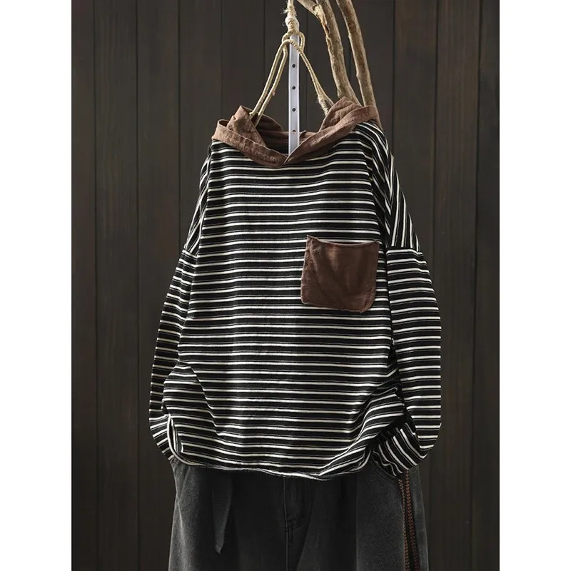 2023 New Spring Autumn Women Long Sleeve Loose Pullovers 100% Cotton Patchwork Striped All-matched Casual Hooded Hoodies P293