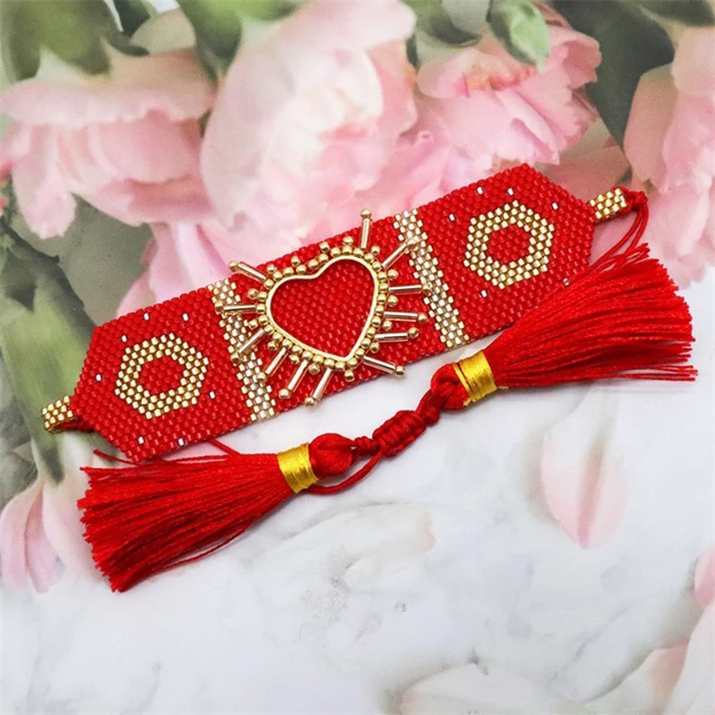 

Personalized 3d Peach Heart Miyuki Bracelet With Tassel Geometric Pattern Beaded Bracelet Cross Border Wholesale Jewelry