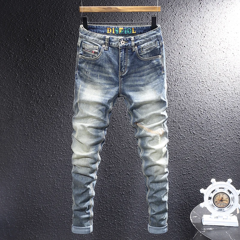 

Fashion Designer Men Jeans Retro Blue Stretch Slim Fit Embroidery Patched Ripped Jeans Men Italian Style Vintage Denim Pants