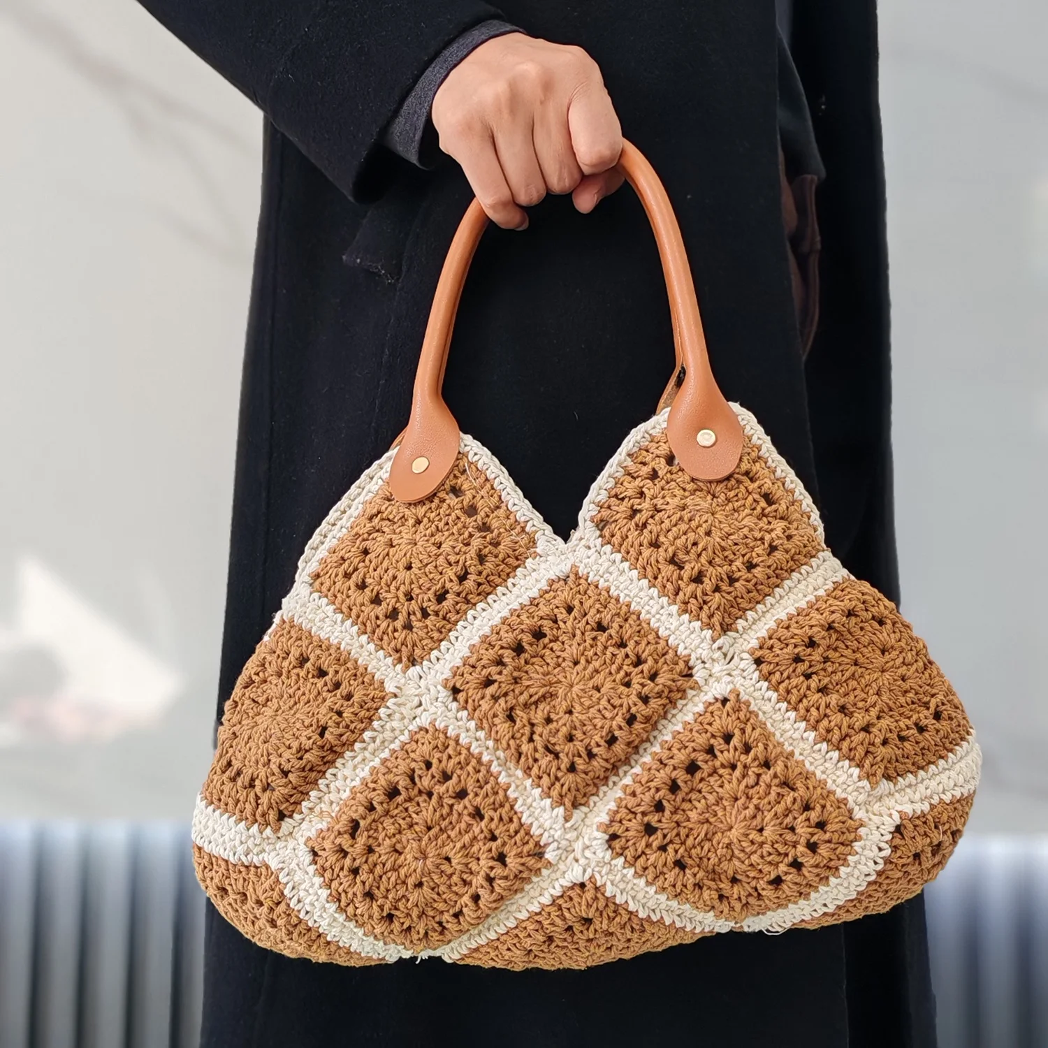 Luxury Designer Vintage Fully Handmade Crochet Handbag Granny Square Bag Leather Handle Shoulder Bag Fashion Womens Purse