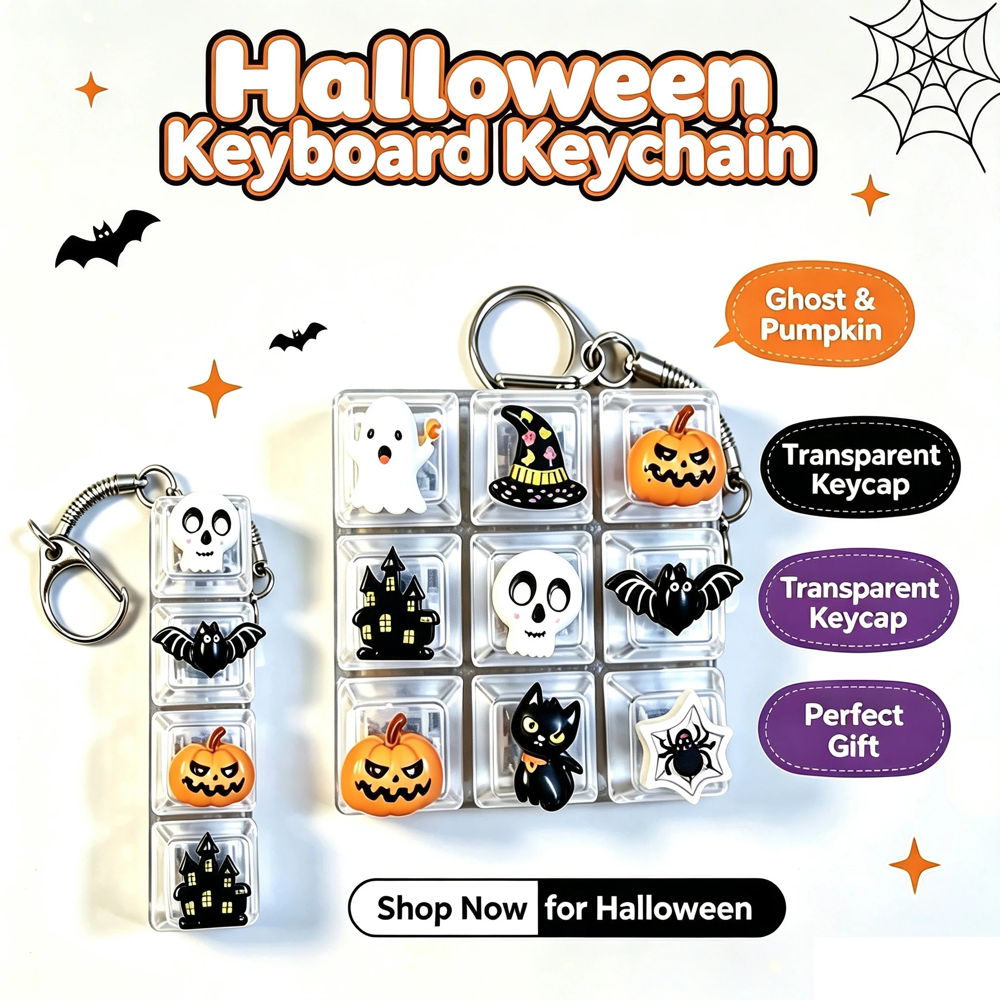 Keyboard Fidget Clicker LED Crystal Keycap Keychain Stress Relief Fingertip Gadget Decompression Halloween Christmas Gift