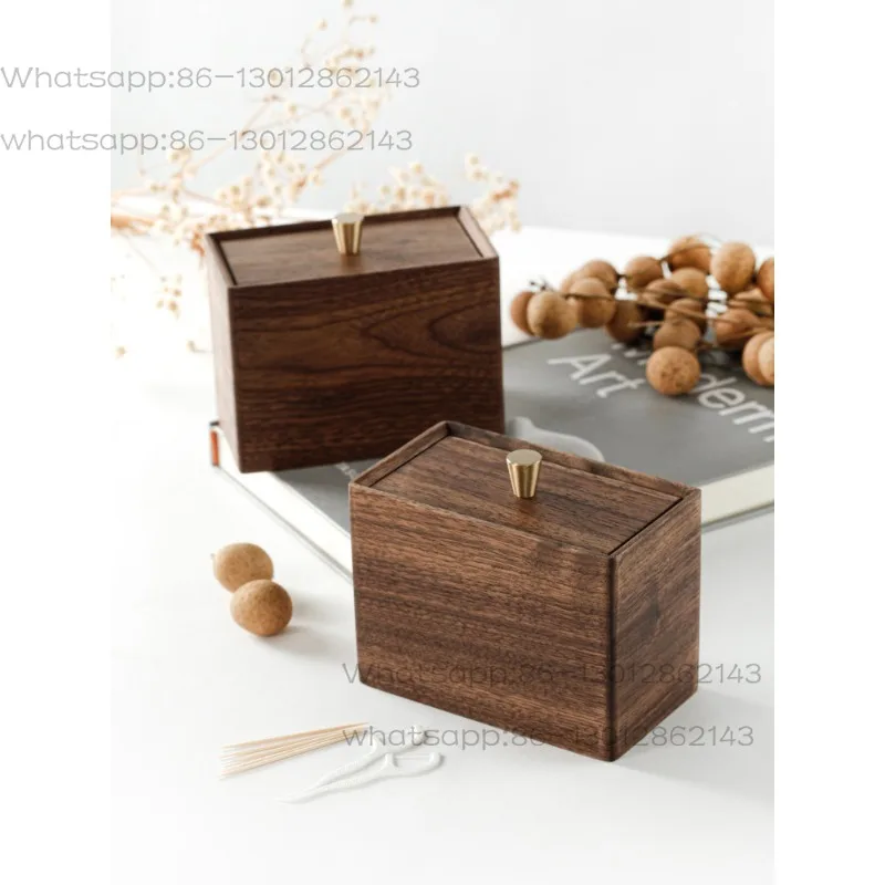 Black walnut solid wood with lid double grid cotton swab dental floss toothpick storage box