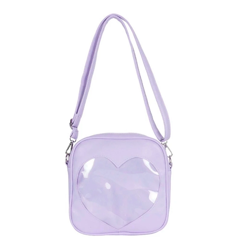 E74B PU Square Messenger Bags Casual Clear Heart Shaped Shoulder Bag Women School Bags PU Leather Purse Ita Bag