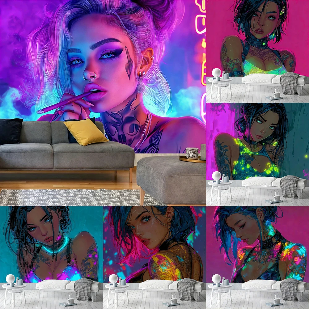 Glow-in-the-Dark Tapestry with Stylish Women UV reaction tapestry background decoration wall hanging bedroom party decoration