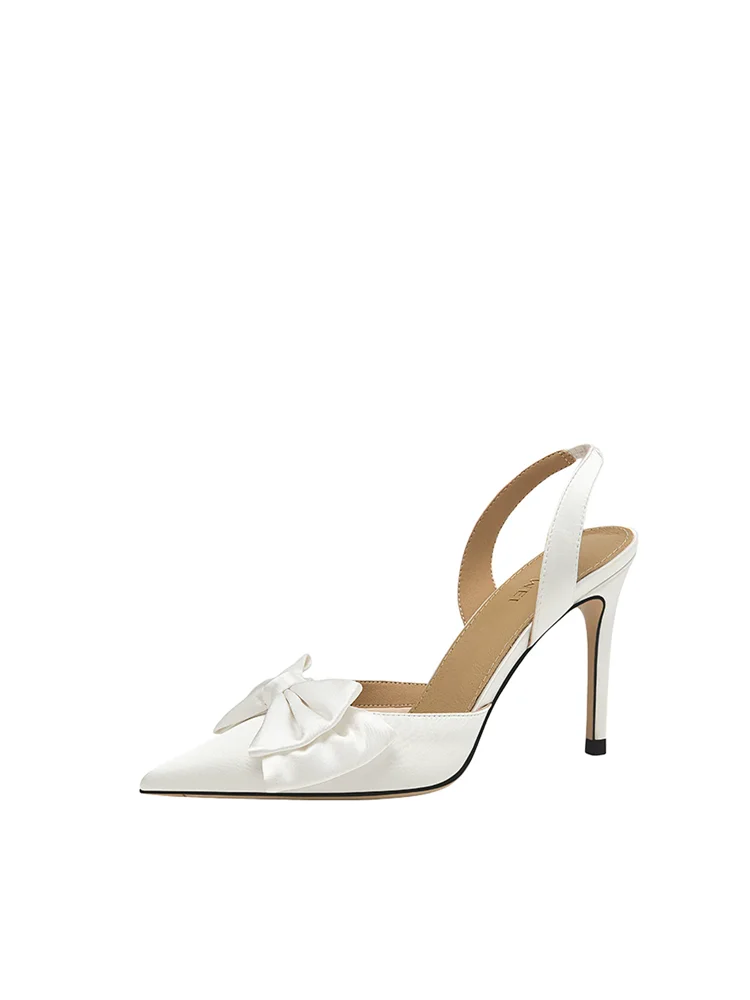 Summer new pointed white silk bow thin heels wedding shoes banquet dress large size small size widened high heels women's sandal