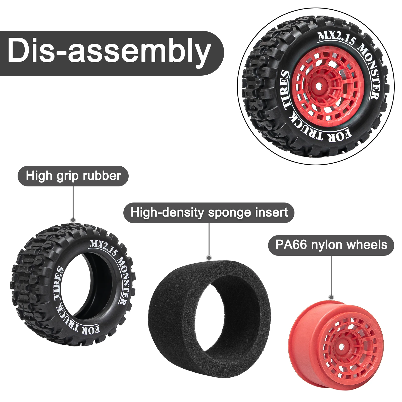 OKHL 4개 100mm MX2.15인치 비드락 휠 림 고무 타이어 세트 (스폰지 인서트 포함) 1/18 미니 맥스 RC카 업그레이드 부품