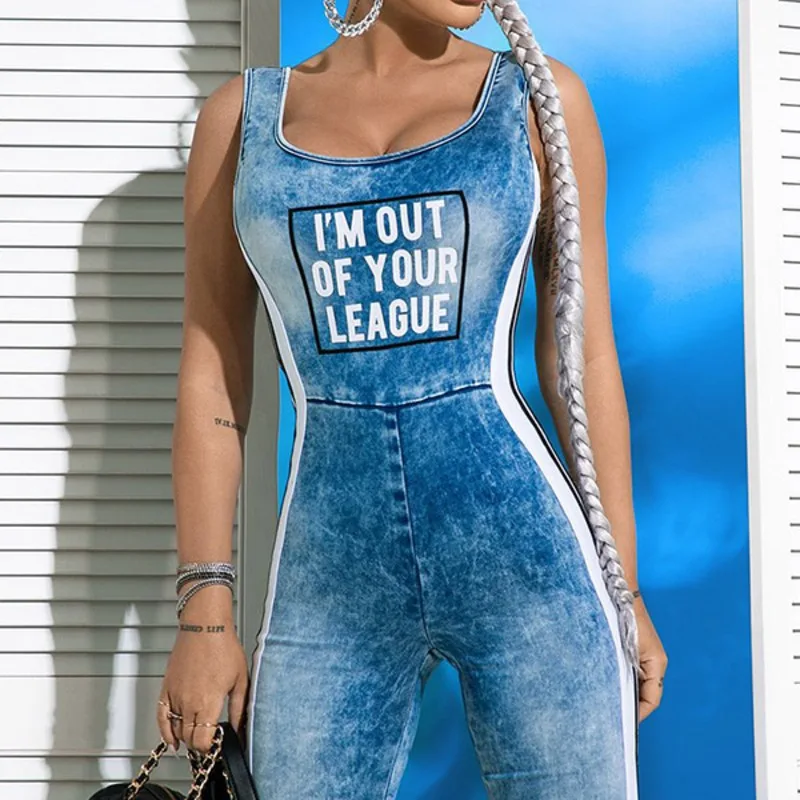 

Women's jumpsuit clothing Women's one-piece trousers U-Neck Letter Print Split-Joint Slim Sleeveless Jumpsuit Female Fashion