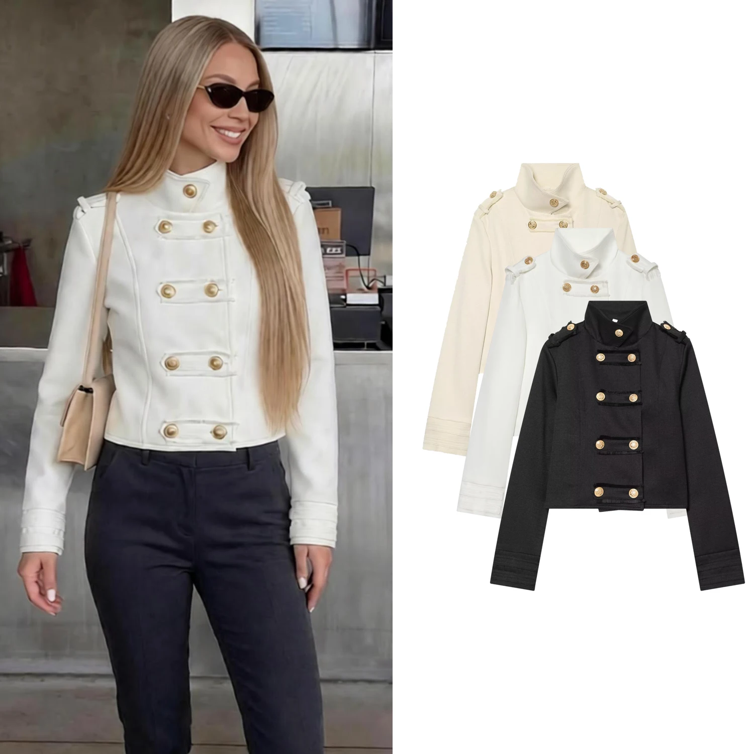 Women's Black Short Jackets Spring Autumn Female Chic Gold Double-Breasted Coats Lady Stand Long Sleeve Streetwear White Jackets