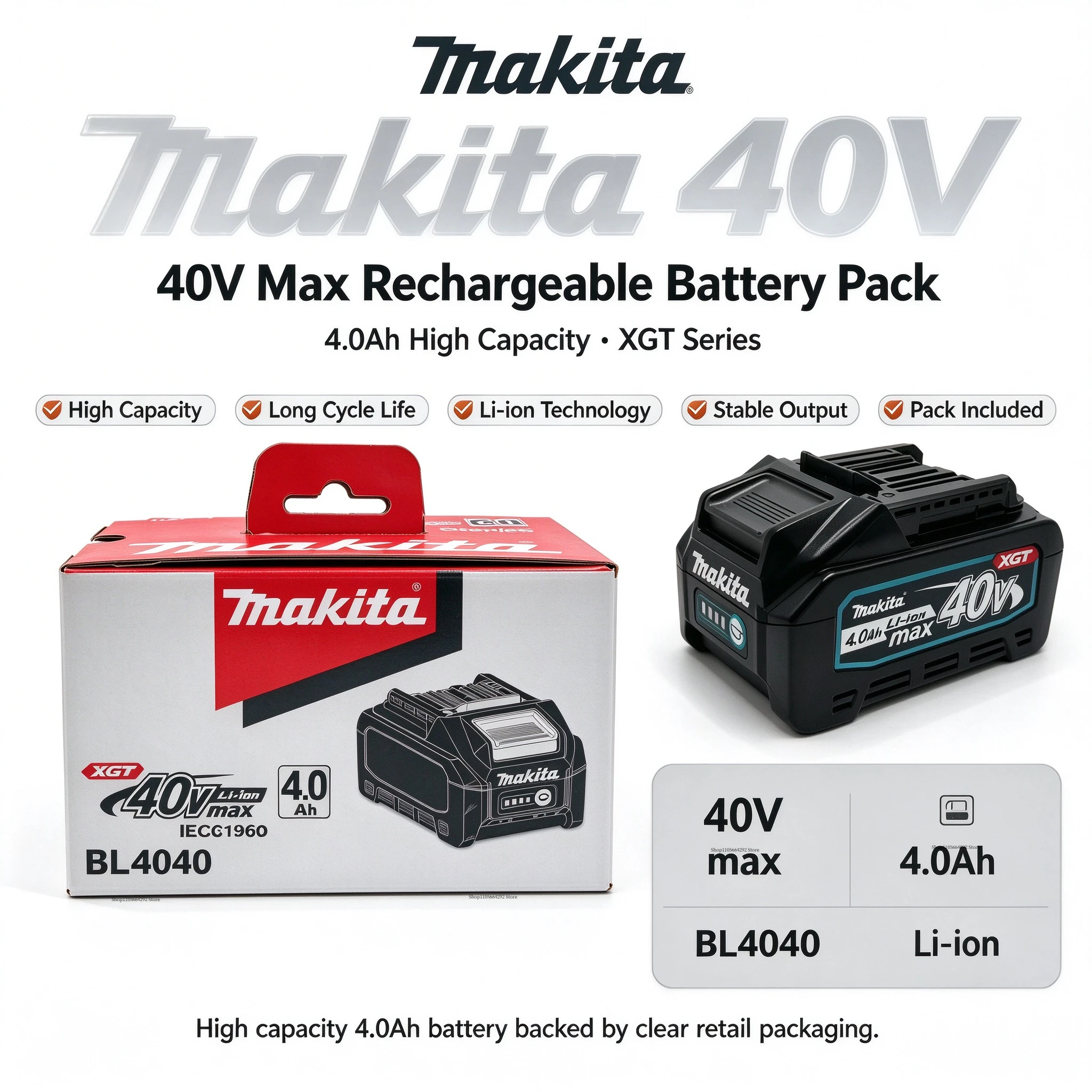 Makita 40V 4.0Ah BL4040 Lithium Ion Battery Pack Smooth Power Output Reduce Tool Jamming Fit for Makita 40V Cordless Power Tools