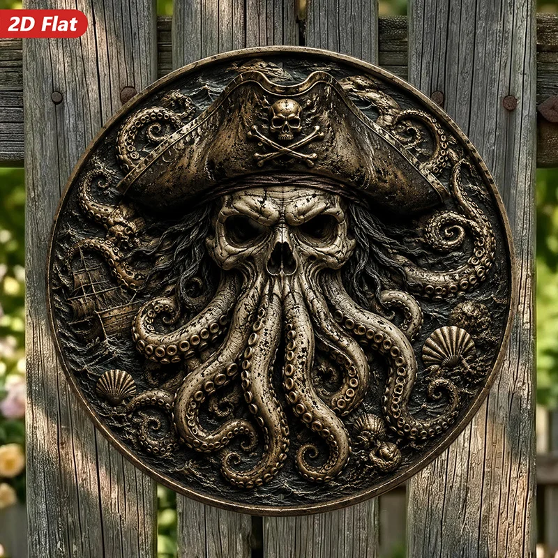 2D Flat, 1pc Pirate Kraken Round Metal Sign Wall Art, Skull Captain Hat, Home Decor, Octopus Tentacles, Nautical Coin Relief, Da