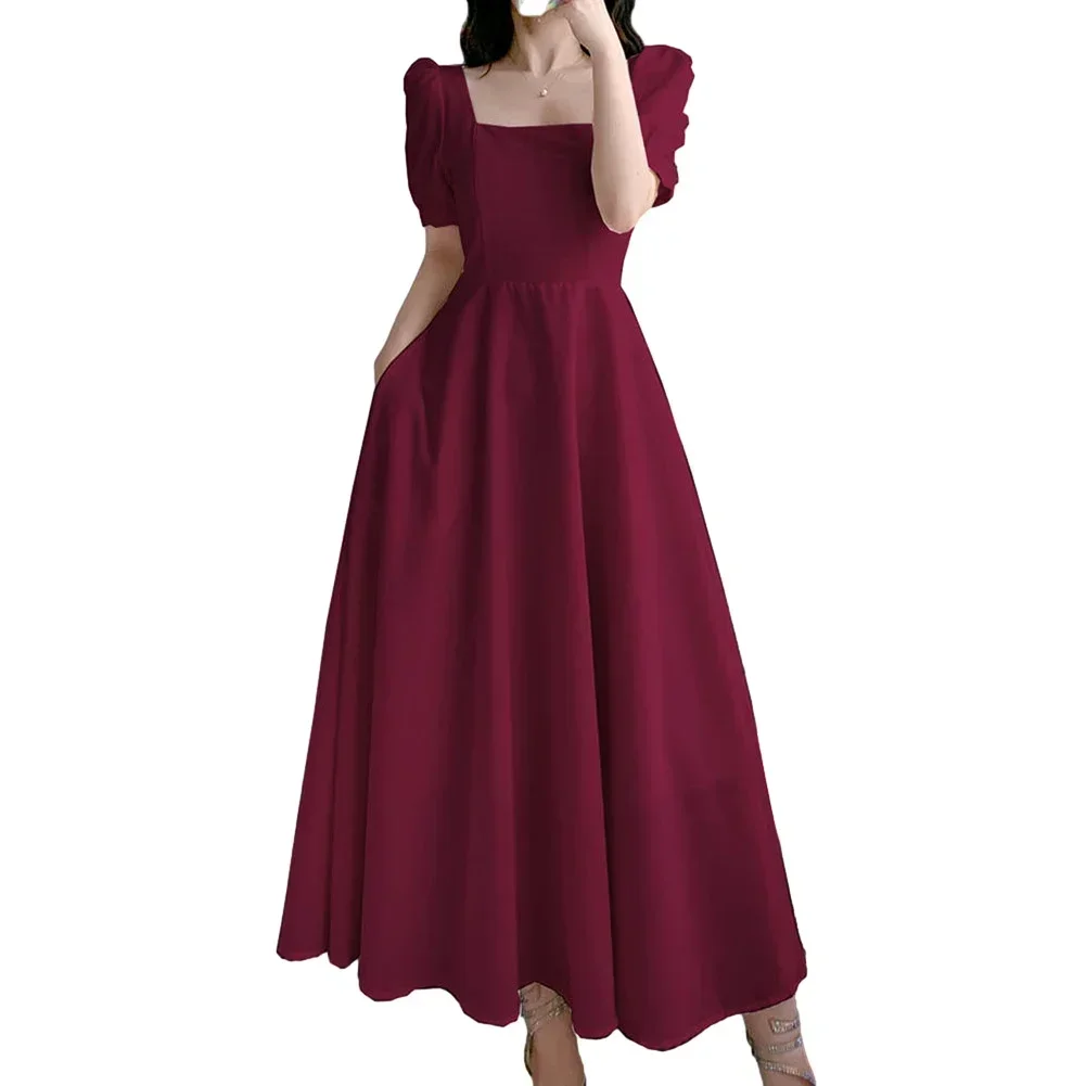 パフスリーブのエレガントなドレス,スクエアカラー,Aライン,カジュアル,無地,韓国語