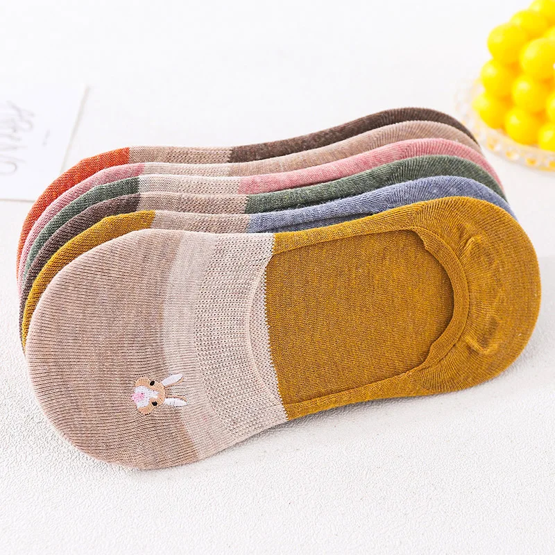 5 Pairs Women Socks Summer Harajuku Embroidered Ladies Boat Sock Striped Casual Cartoon Rabbit Female Breathable Invisible Socks