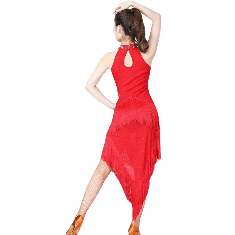 Vrouwen Hurken Glanzende Sexy Latin Dance Jurk Sprankelende Halter Hals Ballroom Salsa Rumba Bodycon Dans Kostuums