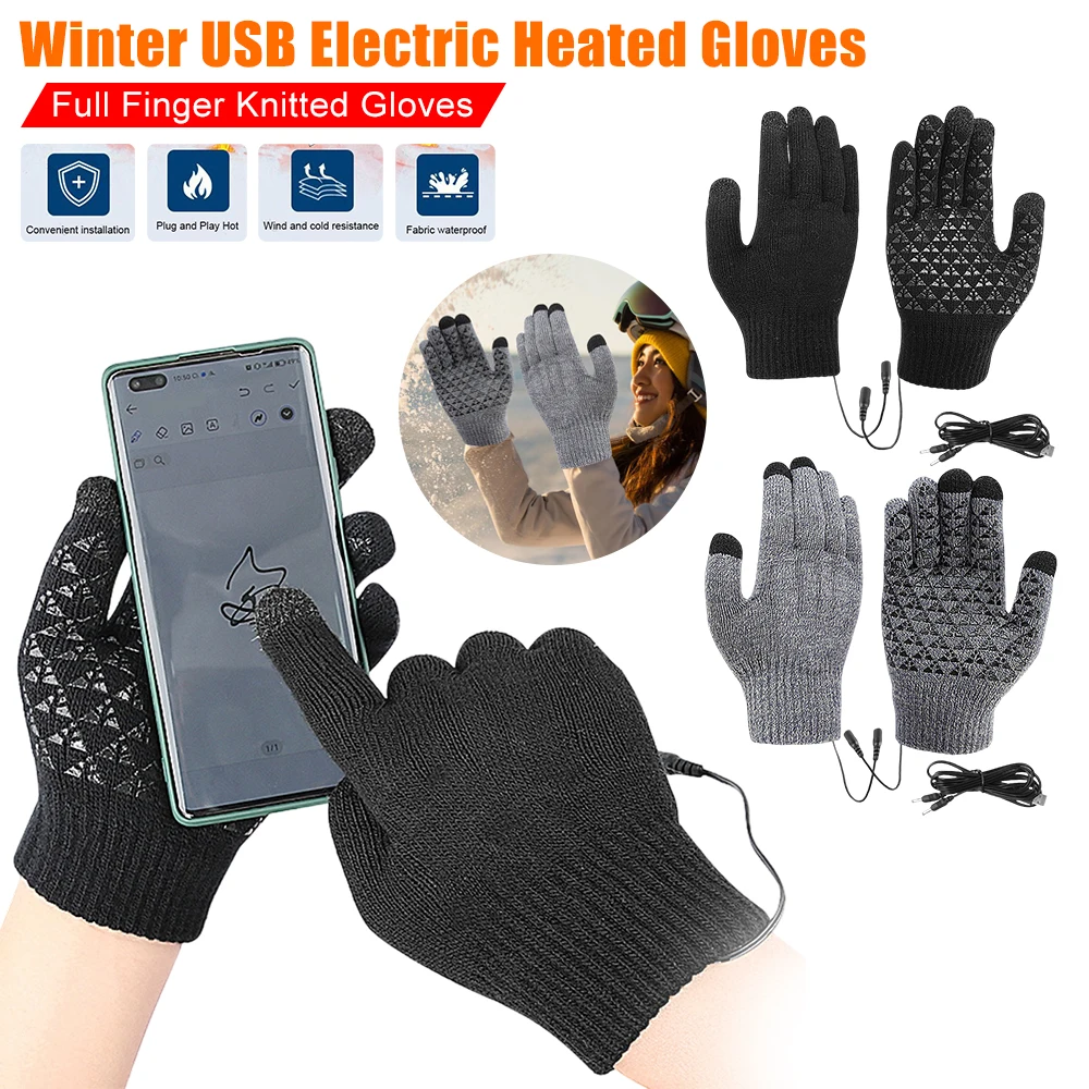

USB Electric Heated Knitted Gloves Winter Warm Thermal Full Finger Gloves Outdoor Snowboarding Skiing Sport Stocking(No Battery)