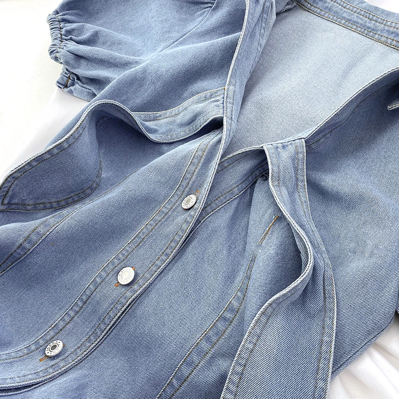 Summer 2025 Hollow Out Lace-up Women's Dress Puff Sleeve Mini Chic Dresses For Women Female Clothing Denim Dress Clothes SL430