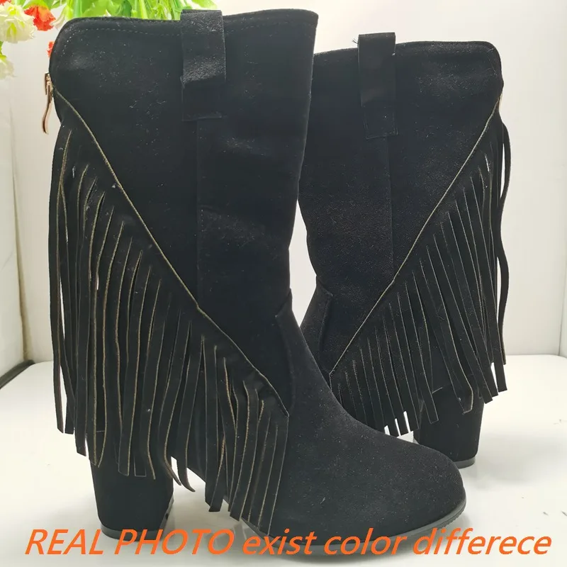 

ORCHALISA 2024 Women Boots Fringe Flock Suede Round Toe Block Heels 7.5cm 50 51 52 Vintage Fashion Mid Calf Bota