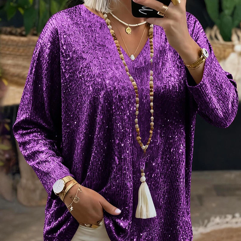

New Fashion Sequins V-neck Long Sleeve Pullovers Elegant Lady Solid Loose Commute Tops Temperament Simple Women's Simple Blouse