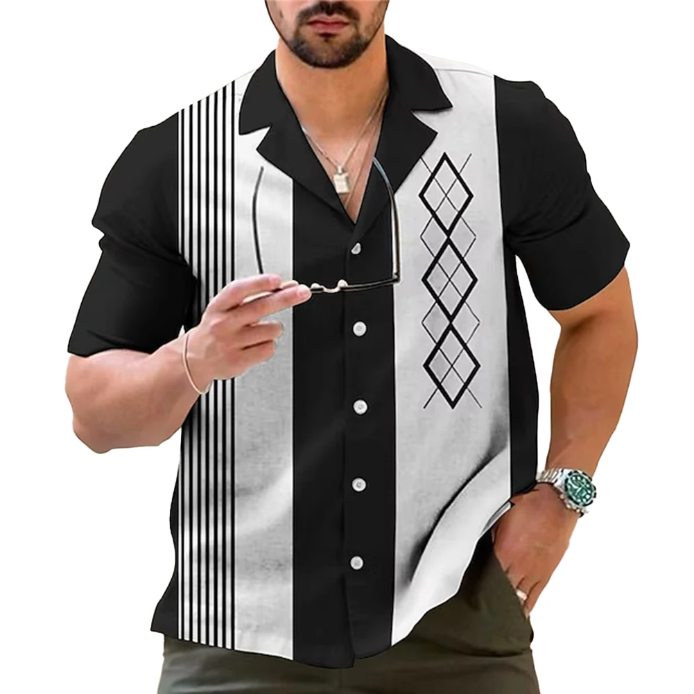 

Vintage Inspired Men's Casual Bowling Shirt Stripe Pattern Short Sleeve and Button Down Style for Casual Wear and Parties