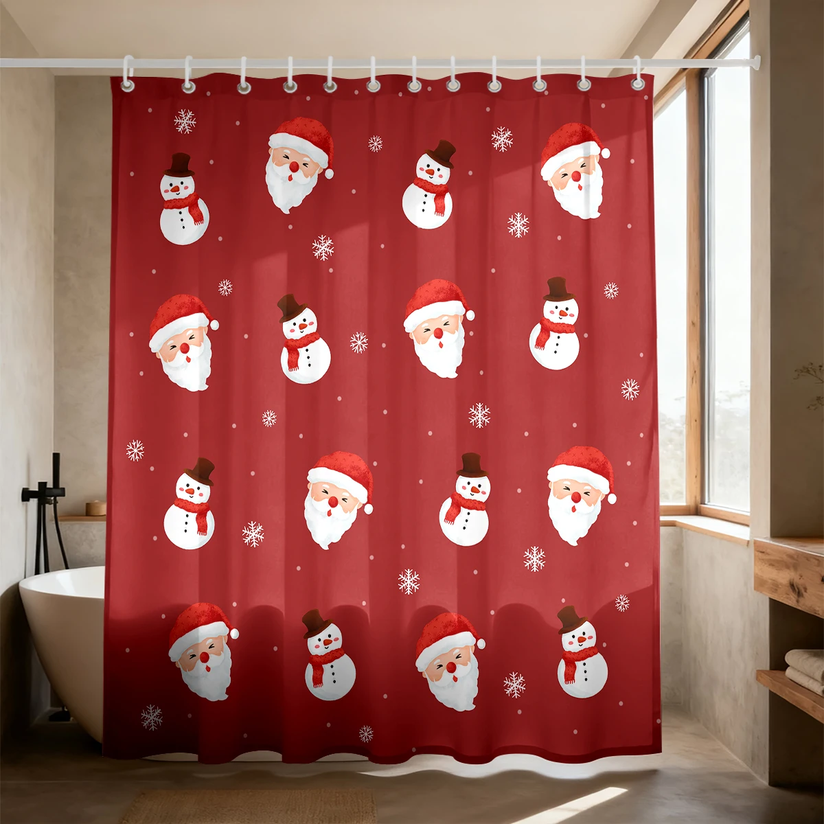 90G Waterproof Shower Curtain Santa Claus Head Snowflake Red Background All Over Print Curtain