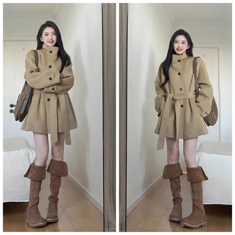 

2026 Outerwaer Fashionable High-end Khaki Woolen Coat for Women New Mid-length Coat for Short Women in Autumn and Winter Jacket