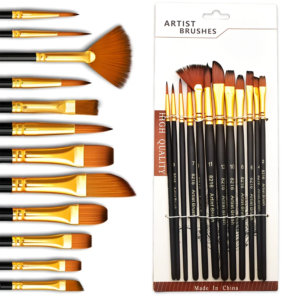 12pcs Professional Artist Painting Brush Set - Premium Nylon Bristles for Oil, Acrylic, Watercolor, Canvas, And Gouache Painting
