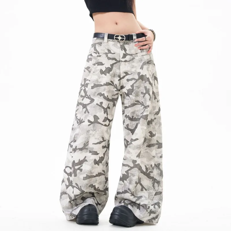 

OR FL Snow Staraight Camouflage 100 Cotton Women Cargo Trousers Trendy Brand Wide Leg American Style A-line Style Women's Pants