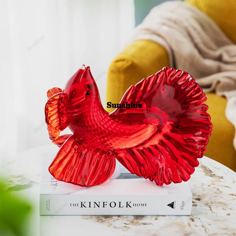 Modern glass gradual change blue fighting fish ornament high-end living room home decoration