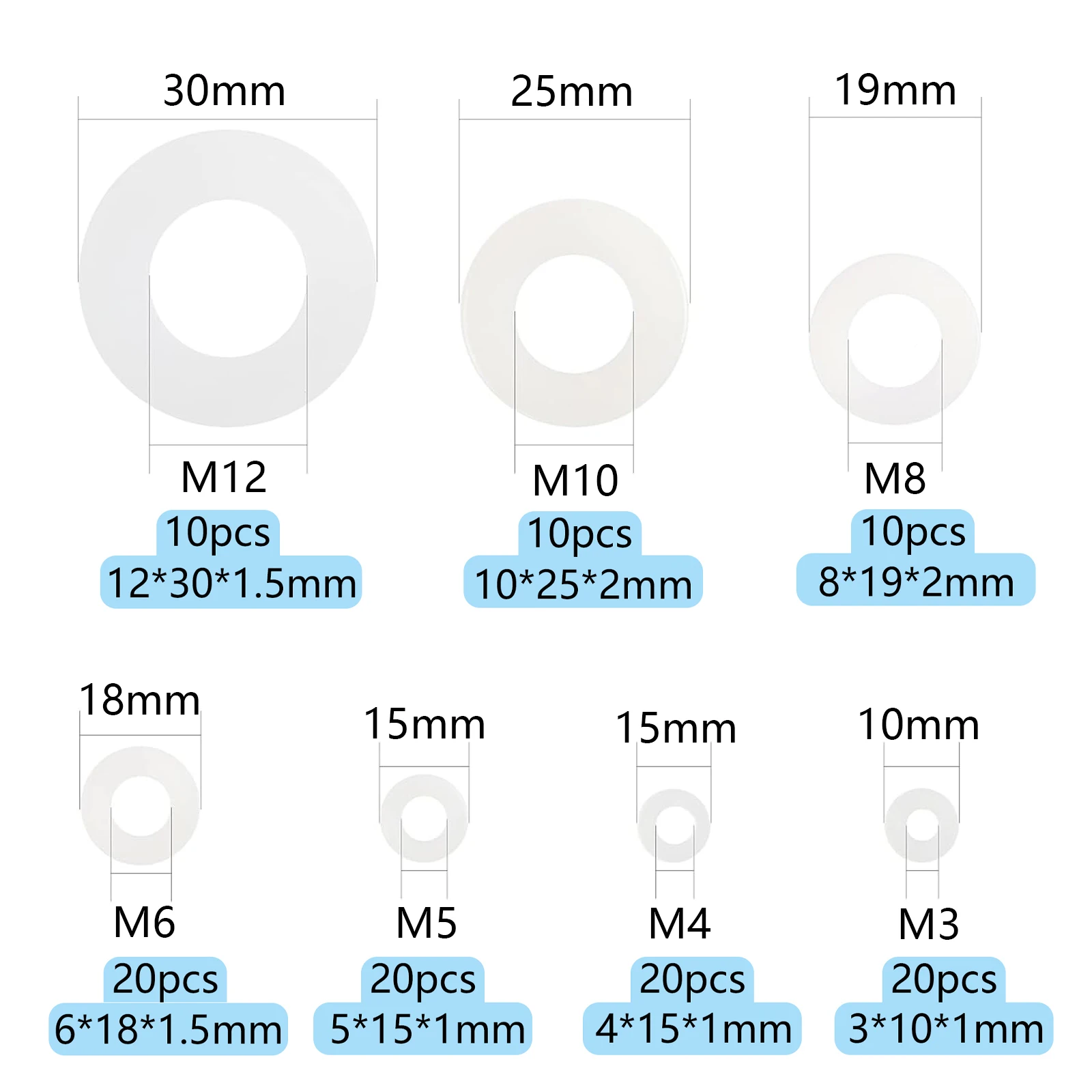 White Nylon Flat Washer Assortment Kit for Electrical Connections on Household & Commercial Appliances M3 M4 M5 M6 M8 M10 M12