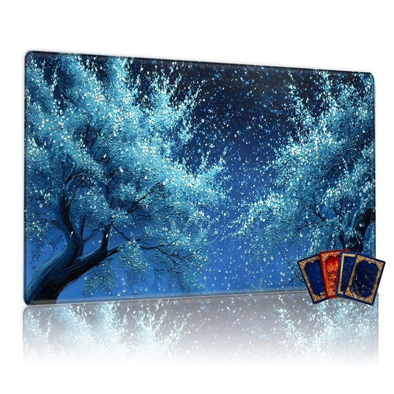 Blue trees and the serene night with shining white flowers. A TCG game mat, trading card game mat, charming magical scenery