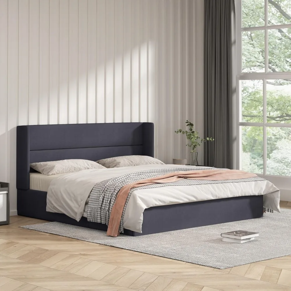

King Size Upholstered Platform Bed with Hydraulic, Bed Frame with Storage, Lift Up Storage Bed with Modern Linen Fabric Wingback