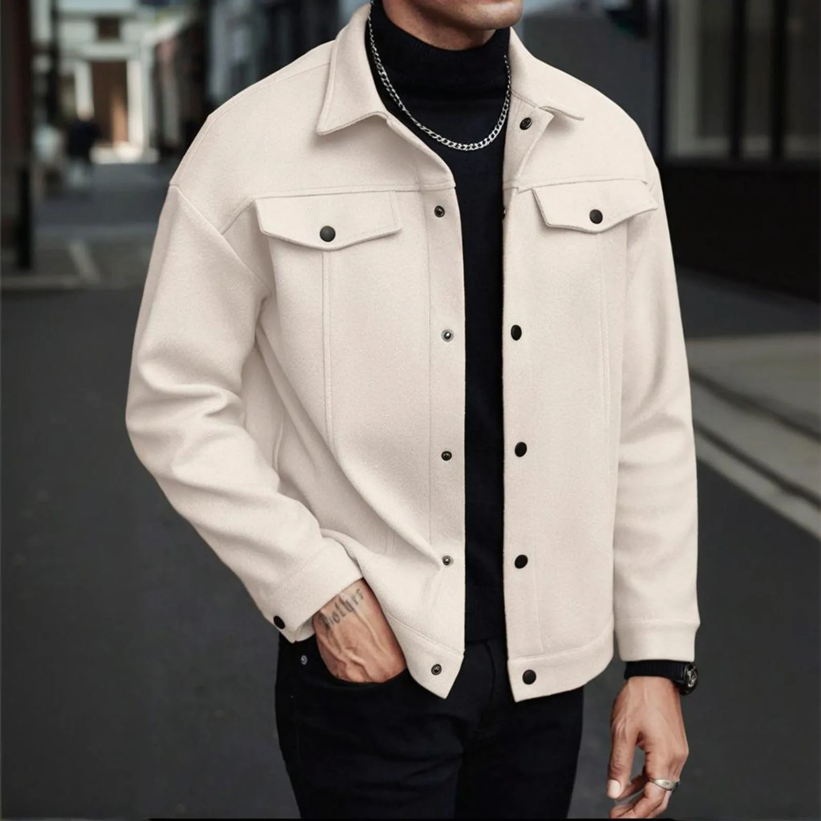 

Men Jacket Woolen Lapel Design Long Sleeve Solid Color Coat with Flap Pockets Design Solid Color Autumn Winter Business Coat
