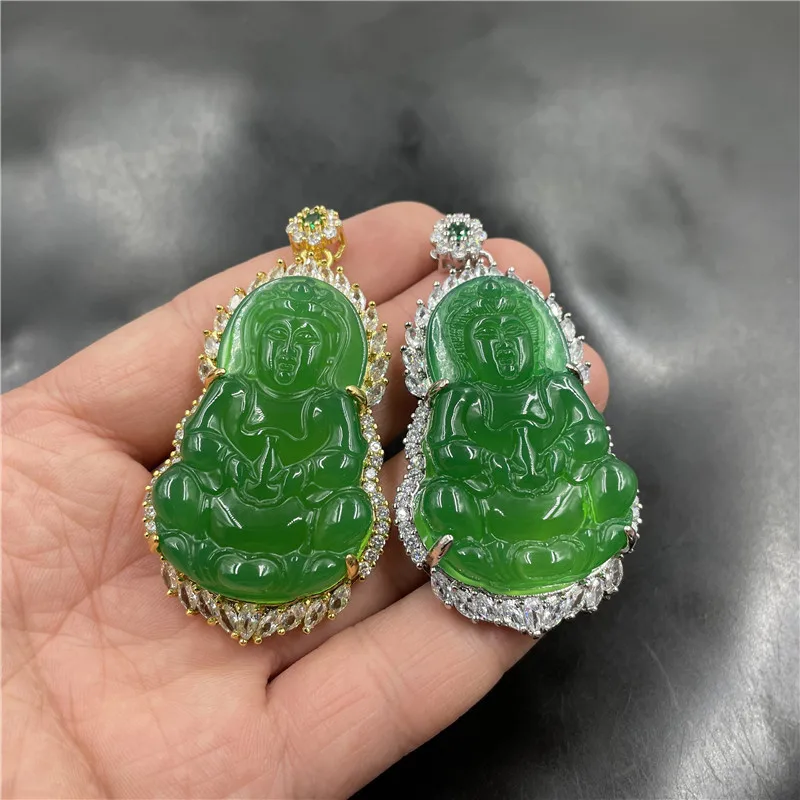 925 Silver Inlaid With Chalcedony, ; Emerald Green Agate, Large Guanyin Ornament; Jade Pendant