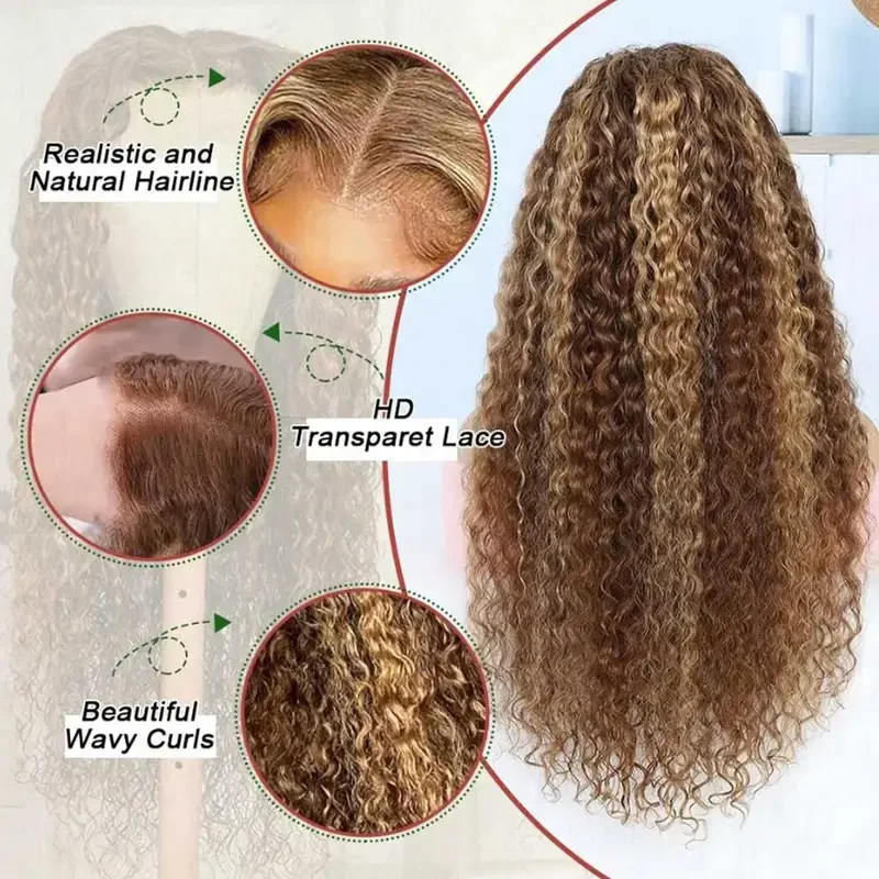 Highlight Deep Wave 4/27 Lace Front Wig Human Hair 13x4 HD Lace Frontal Wig  Colored Ombre Honey Blonde Human Hair Wig