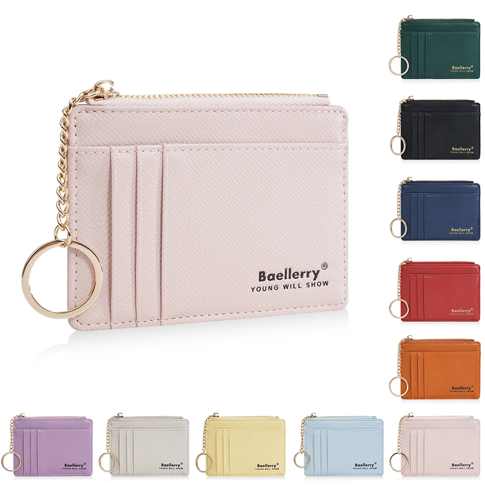 

1 шт./Ультратонкий держатель для карт Baellerry, несколько слотов для карт + карман для монет на молнии, с ремешком для ключей, портативный кошелек для монет