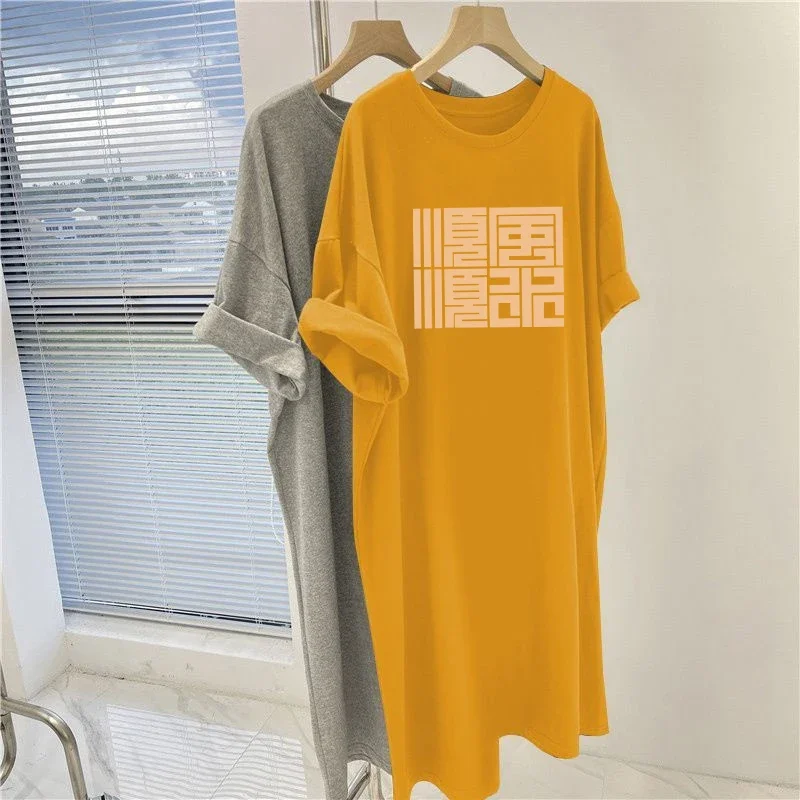 Women Clothing Chic Y2k Printed Dress Summer New Fashion Casual Loose Simple Comfortable Dresses Short Sleeve O-neck Tunic