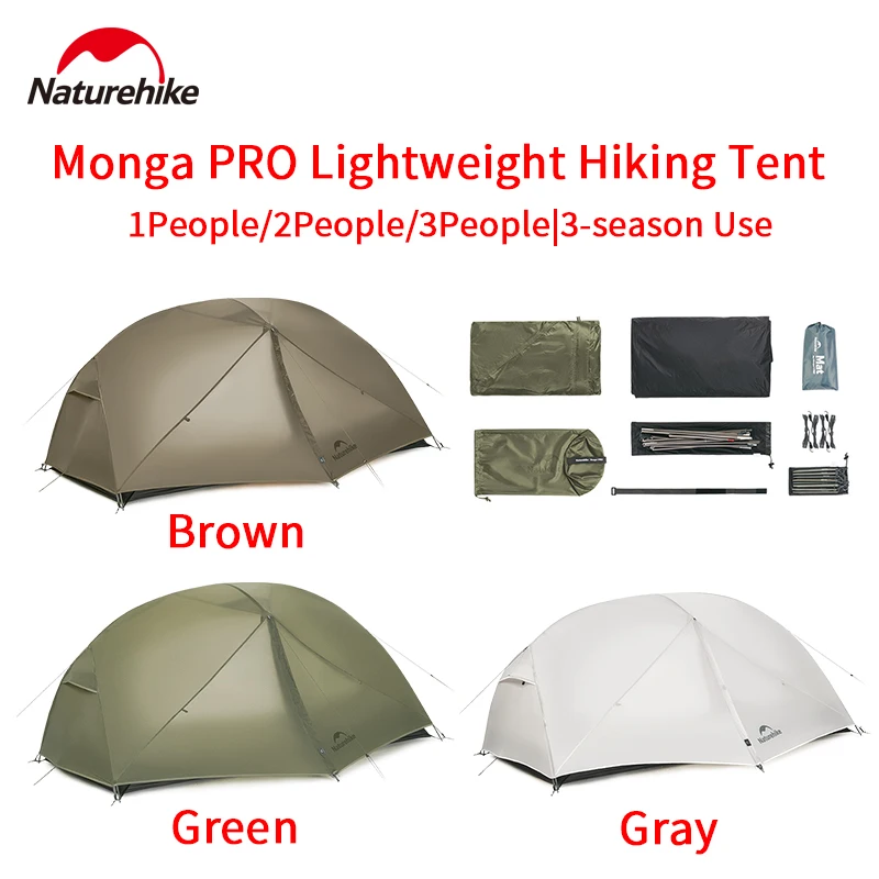 Naturehike-tienda de senderismo ligera Monga PRO, tienda de campaña para exteriores para tres estaciones, 1-3 personas, nailon recubierto de silicona 20D, resistente al agua