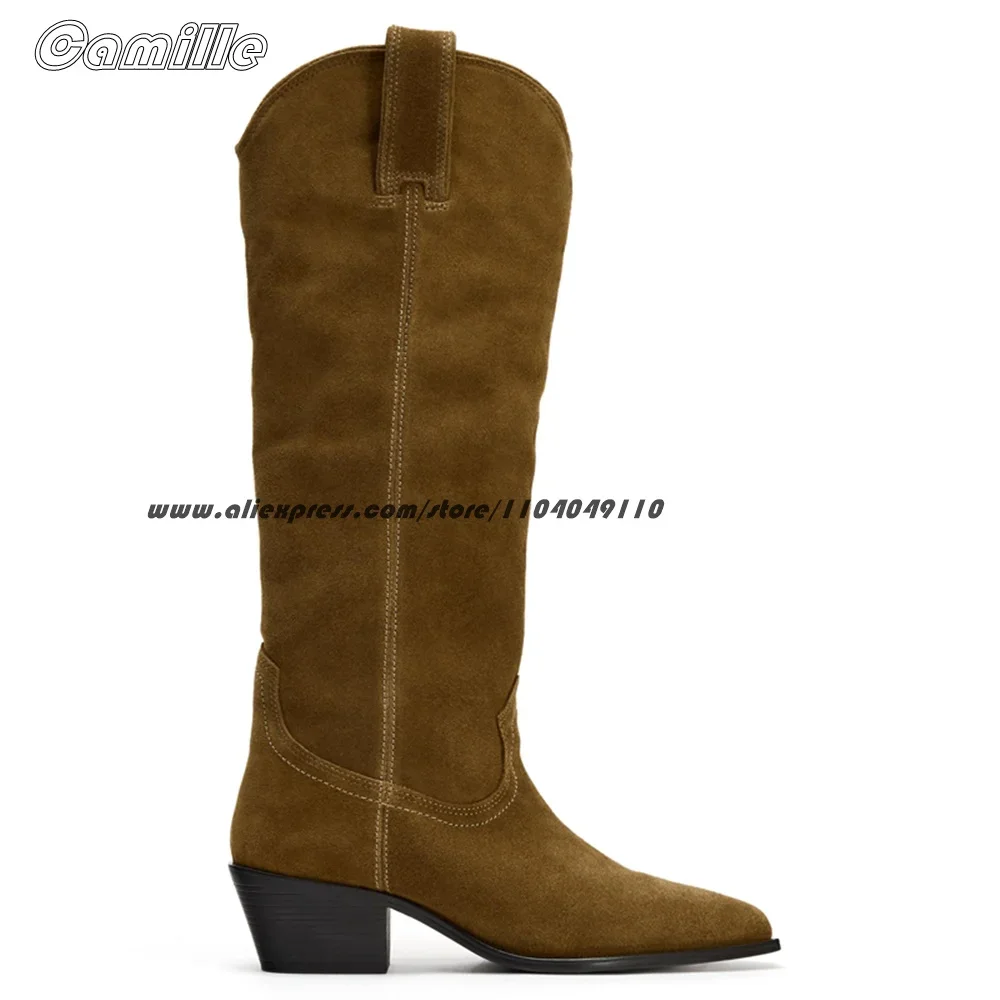

Cow Suede Slip On Catwalk Style Modren Boots Size 35-40 All-Match Chunky Heel Casual Boots Pointed Toe 5CM Heel Lady Boots
