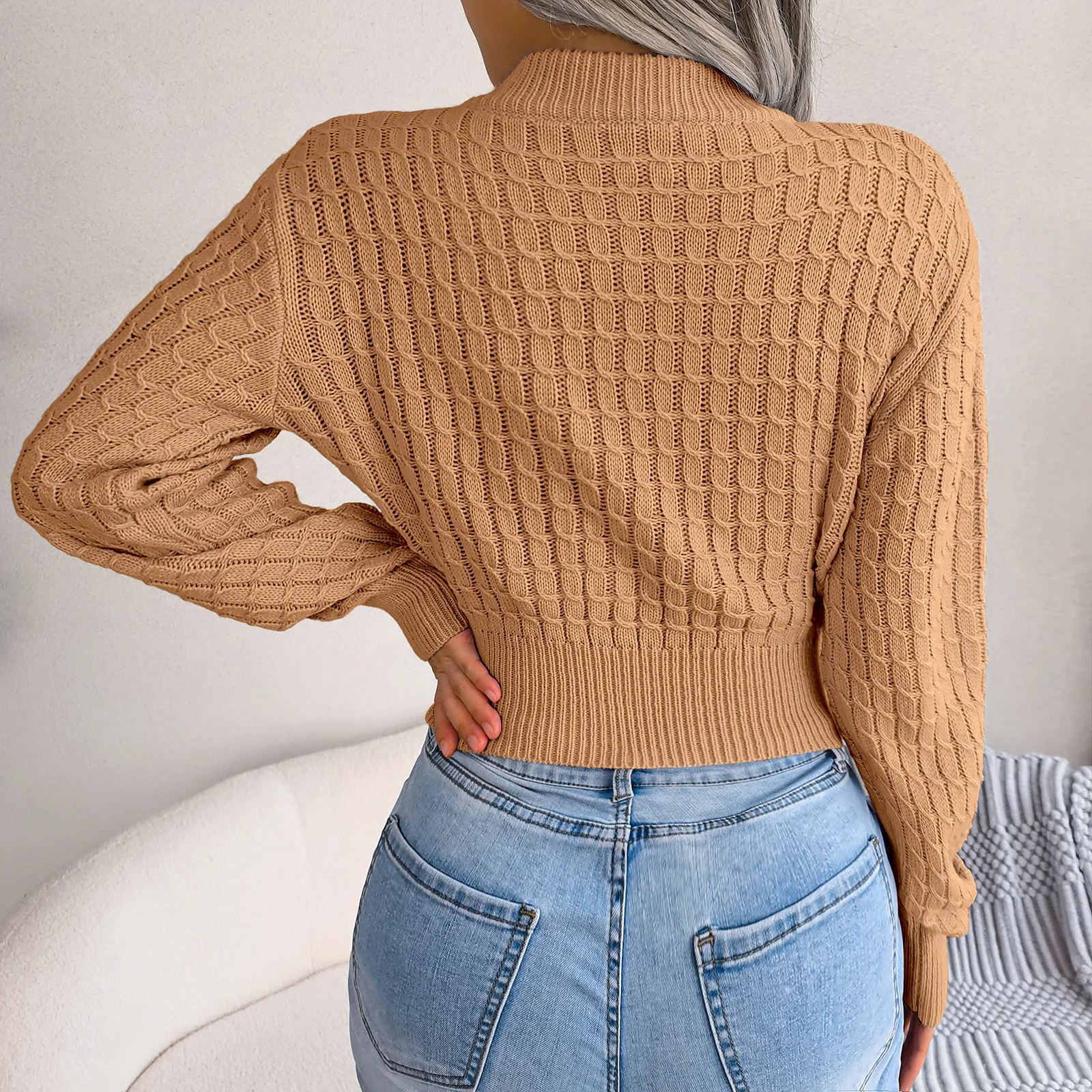 Women's Cropped Ribbed Knit Top - Y2K Casual Vacation Pullover, Fall Winter Solid Color Long Sleeve Shirt