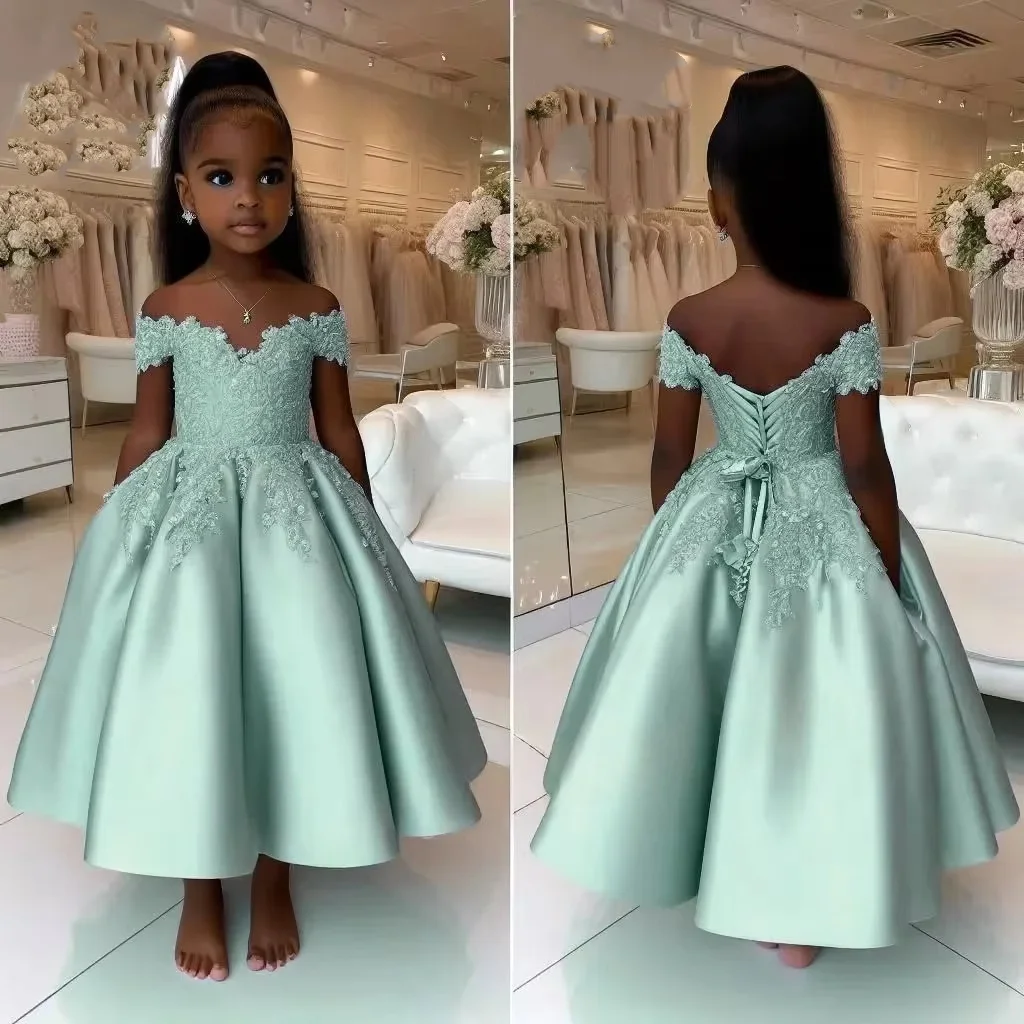 Girls Off Shoulder Lace Applique Satin Ball Gown With Corset Back Elegant Design For Formal Occasions Weddings Flower Girl Birth