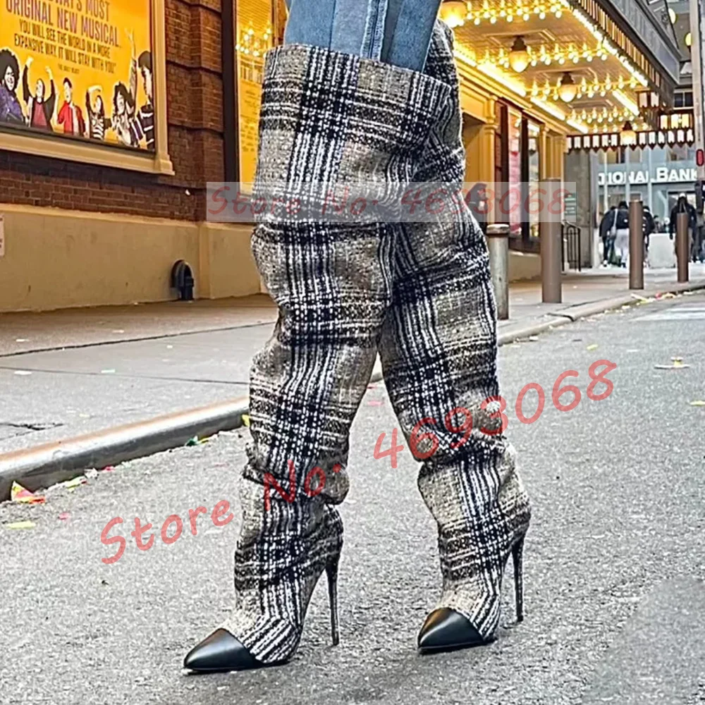 Grey Check Winter Above Knee Boots Women Stylish Patchwork Pointed Toe Pleated Shoes Ladies Trending Stiletto High Heels Boots